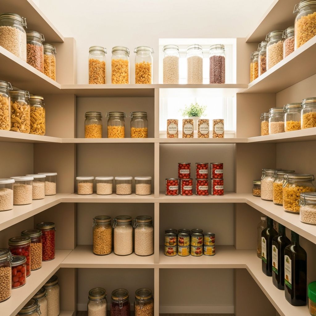 Ordnungsvoller Vorratsschrank mit Produkten in Reihen