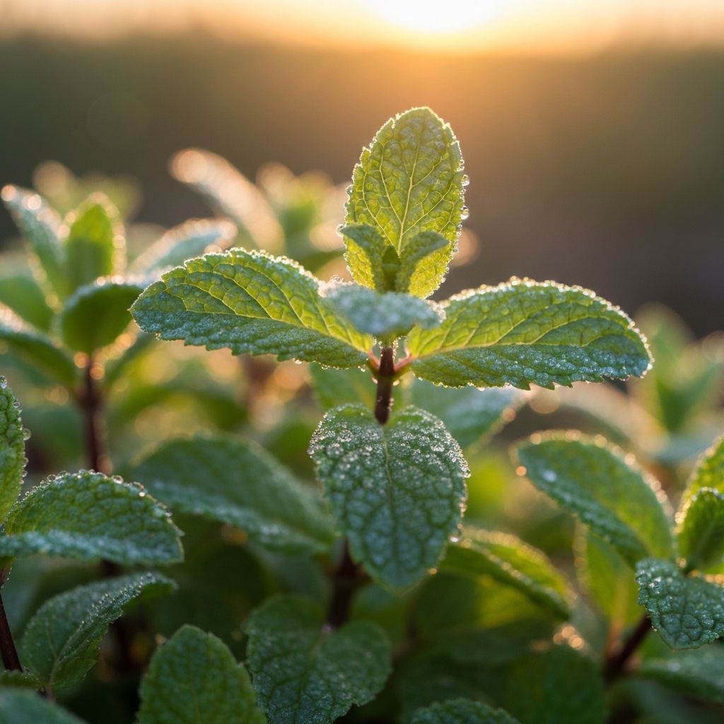Svježe lišće metvice s rosnom u sunčevu svjetlu