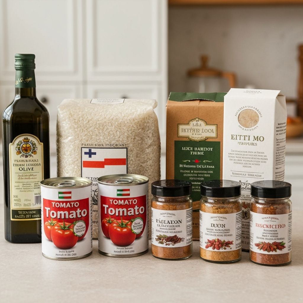 Produkte aus verschiedenen Ländern mit Herkunftsbezeichnungen auf den Verpackungen