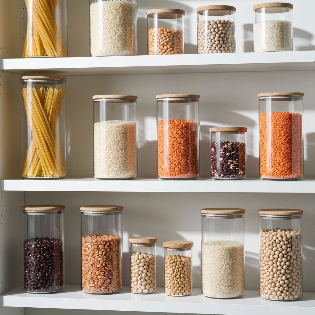 Übersichtlich sortierte Lebensmittel in Glasbehältern und Regalen
