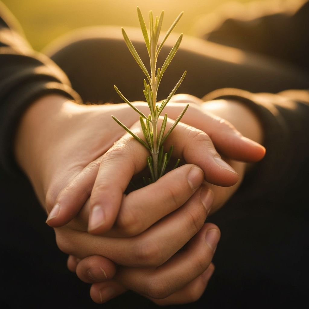 Isprepletene ruke držeće svježe cvijeće ruzmarina
